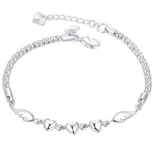 Woman's 925 Sterling Silver  Heart & Wings Bangle Chain Bracelet